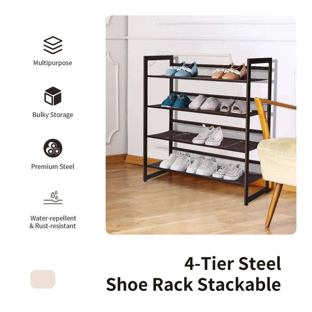 Brown 4-Tier Adjustable Metal Shoe Rack Organizer