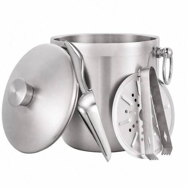 3.17 qt. Stainless Steel Insulated Ice Bucket with Lid, Scoop, Tongs and Strainer for Parties
