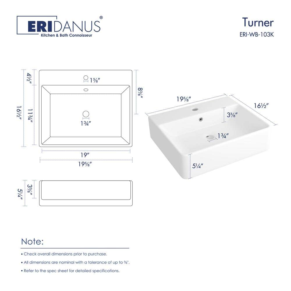 Turner 20" White Ceramic Rectangular Wall-Mount Bathroom Sink