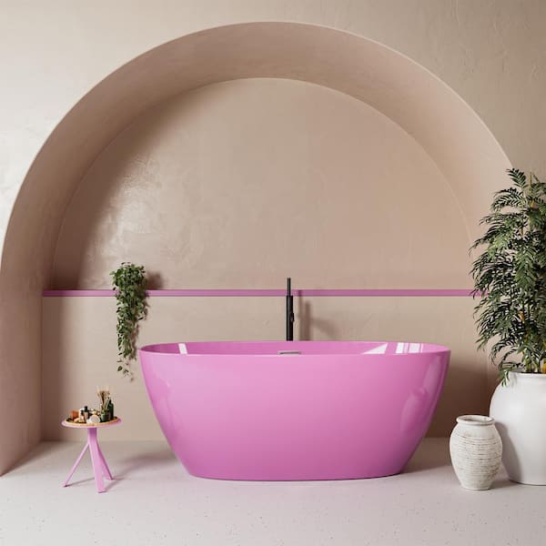 JimsMaison 60 in. x 30 in. Acrylic Freestanding Soaking Bathtub in Pink with Center Drain