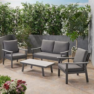 Sinclair Grey 4-Piece Aluminum and Faux Wood Outdoor Patio Conversation Set with Dark Grey Cushions