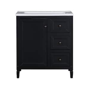 30 in. W Freestanding Bath Vanity in Black with White Ceramic Basin, Three Drawers Top, and Two Door Shelves