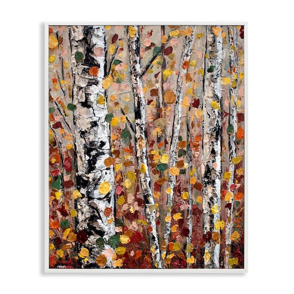 Stupell Industries Autumn Birch Trees Abstract Leaves by Jen Seeley 1-Piece White Framed Nature Giclee Art Print 14 in. x 11 in.