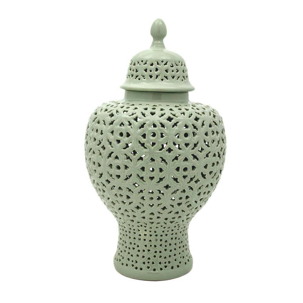 Red Lantern 25 in. Carved Temple Jar - Celadon BW-CJAR3-CEL