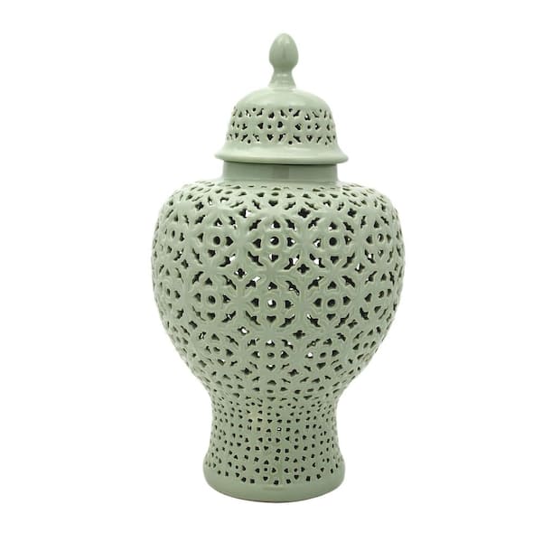 25 in. Carved Temple Jar - Celadon
