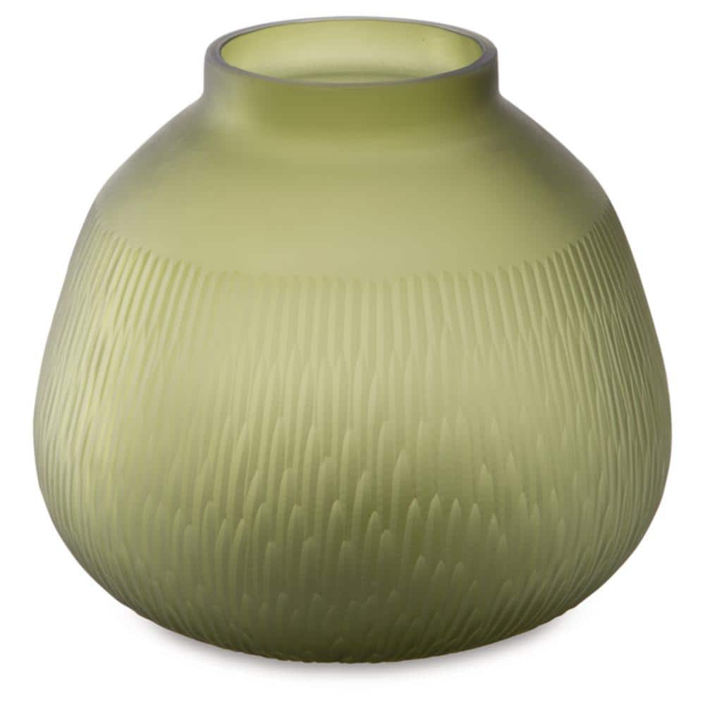 Olive Green Carved Glass Table Vase
