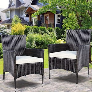 Brown Wicker Outdoor Chaise Lounge with Beige Cushions (Set of 2)
