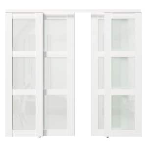 96in x 80in (Double 48" Doors) MDF, White Double Frosted 3 Panel Glass Sliding Door with All Hardware