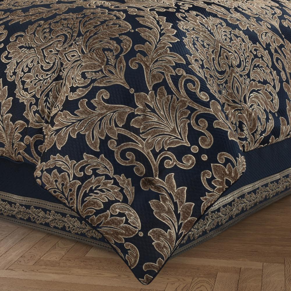 Navy Blue Satin Queen Comforter Set with Frills