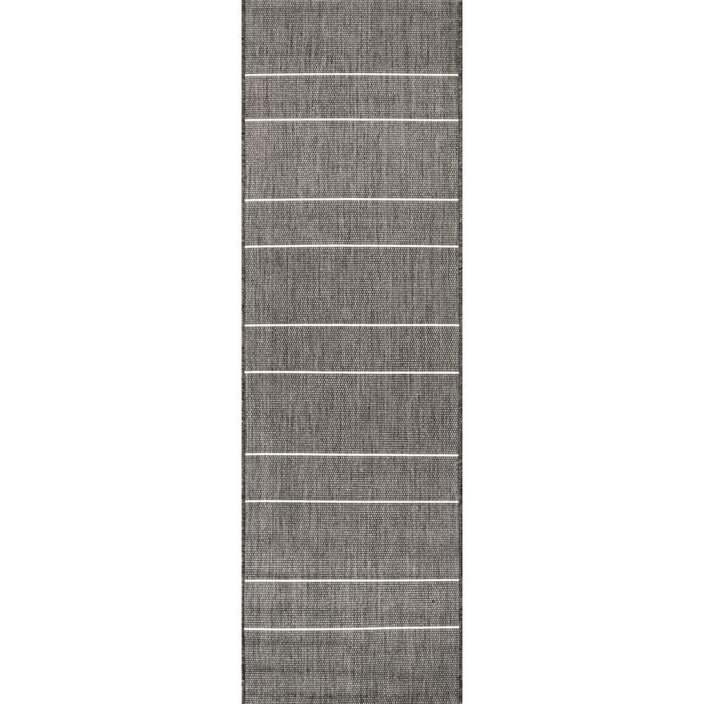 Gray Striped Polypropylene Indoor/Outdoor Runner Rug