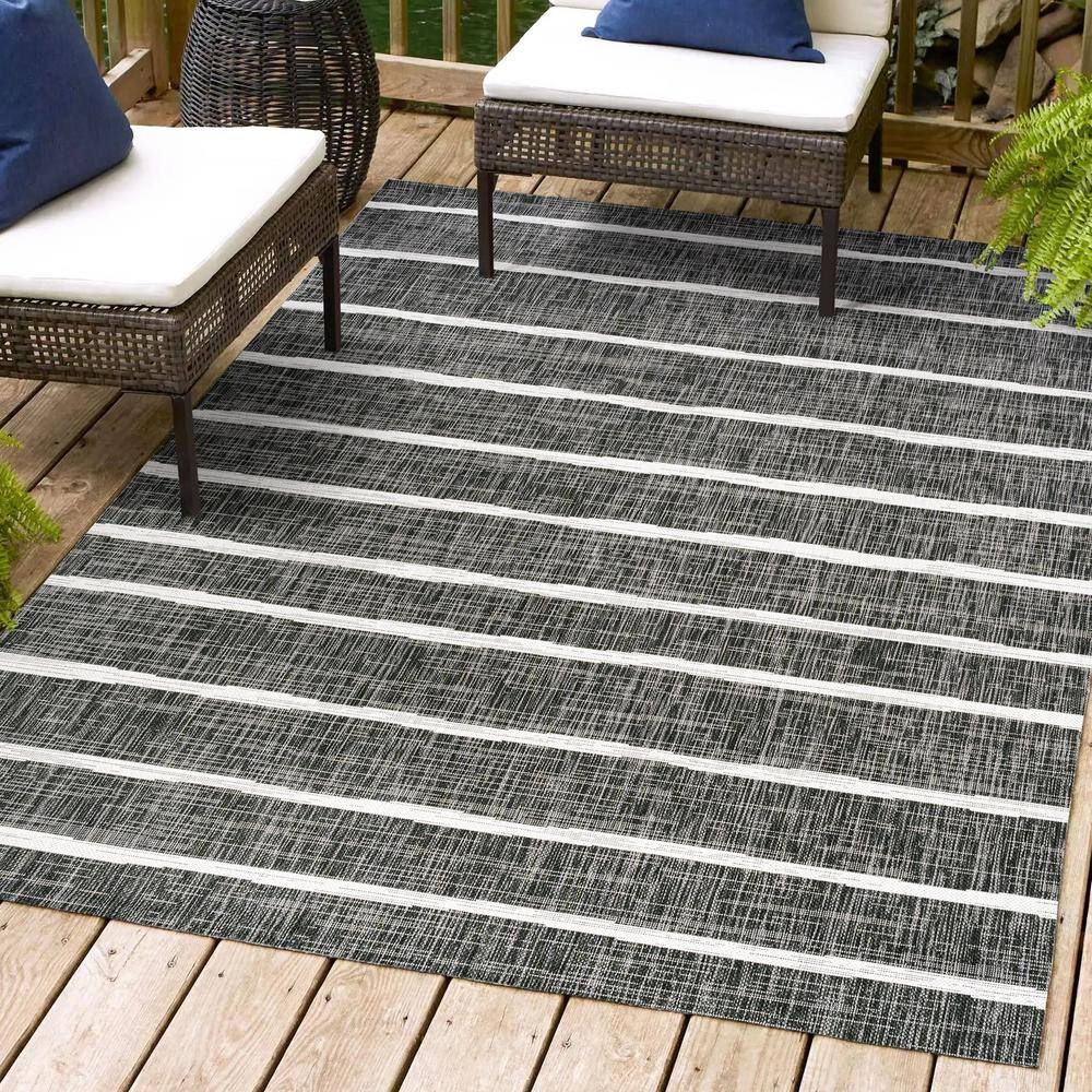 3' x 5' Black and Ivory Synthetic Stripe Rectangular Rug