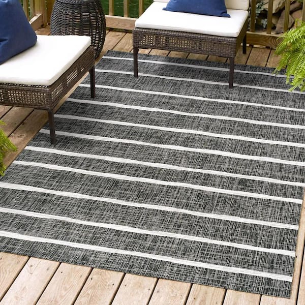 JONATHAN Y Colonia Berber Stripe Black/Ivory 4 ft. x 6 ft. Indoor/Outdoor Area Rug