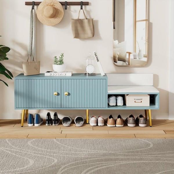 Harper & Bright Designs 19.3 in. H x 54.3 in. W Tiffany Blue Entryway Shoe Storage Bench with 2 Intricate Grooves Doors, PU Upholstered Cushion