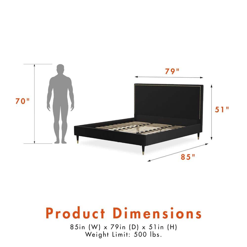 Audrey King Black Velvet Upholstered Platform Bed with Nailhead Trim