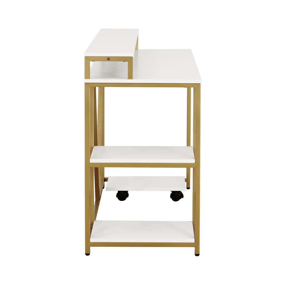 Modern Industrial Gold and Wood Writing Desk with Elevated Shelves