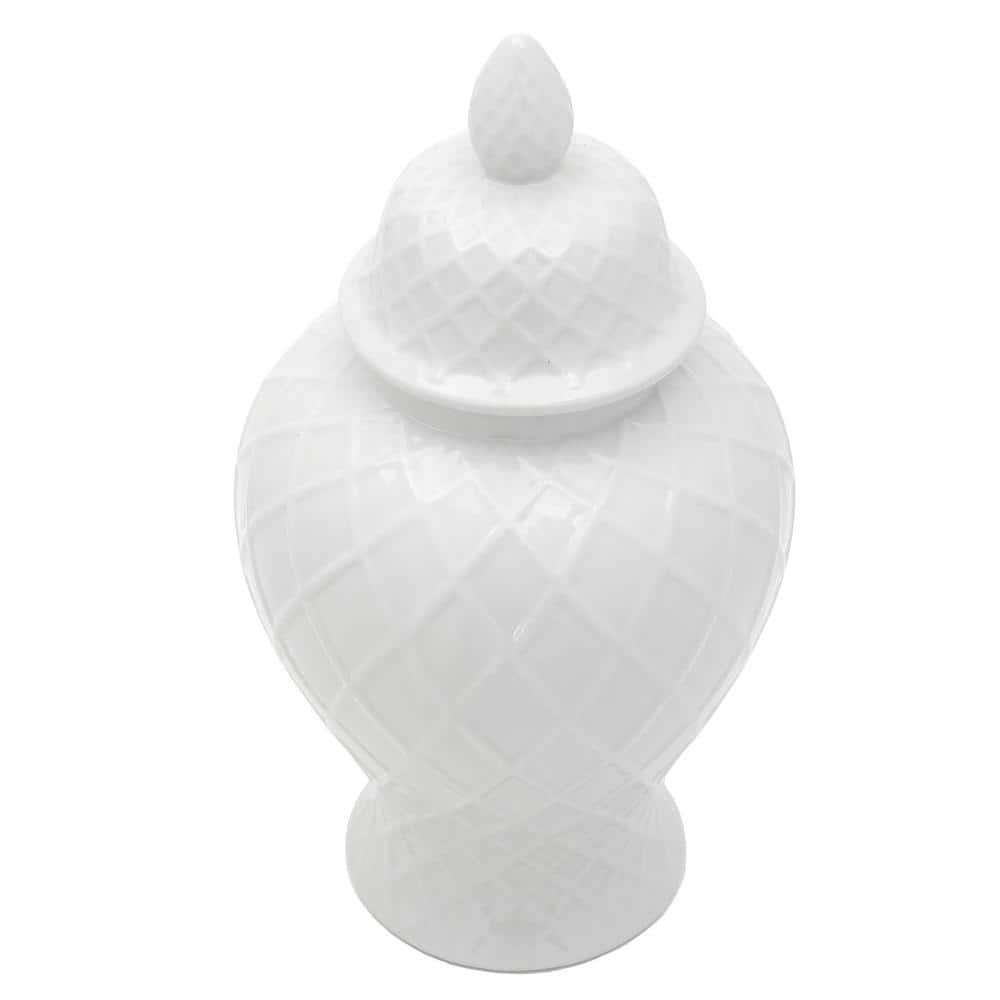 19.5" Glossy White Porcelain Diamond Pattern Temple Jar