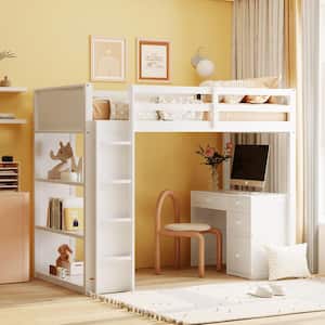 White Twin Size Wood Loft Bed with Ladder, 3 Shelves, 4 Drawers and Desk