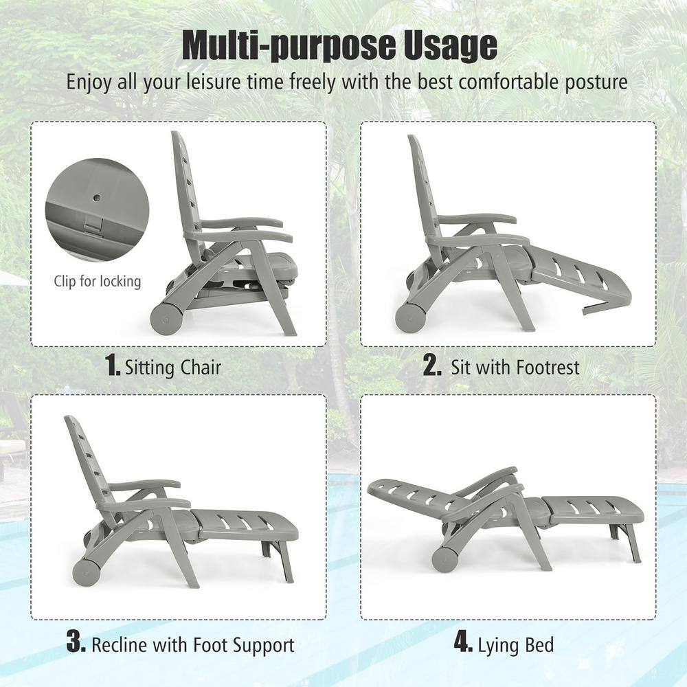 Gray 2-Piece Adjustable Plastic Outdoor Chaise Lounge Chairs