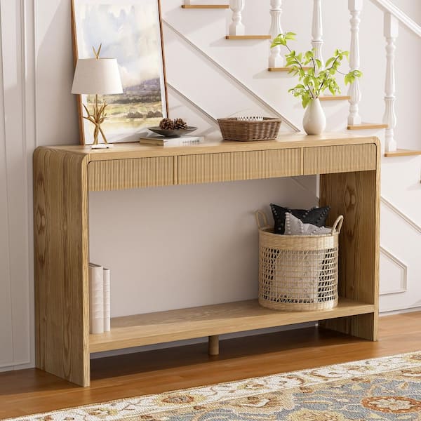 Babbs Modern 59 in. Brown Rectangle Wood Top Console Table with Drawers, Bottom Shelf