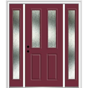 60 in. x 80 in. Right-Hand Inswing Rain Glass Burgundy Fiberglass Prehung Front Door on 4-9/16 in. Frame