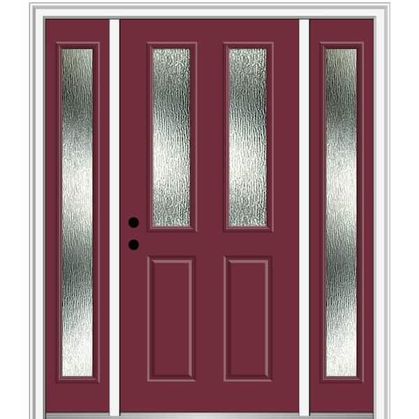 MMI DOOR 60 in. x 80 in. Right-Hand Inswing Rain Glass Burgundy Fiberglass Prehung Front Door on 4-9/16 in. Frame