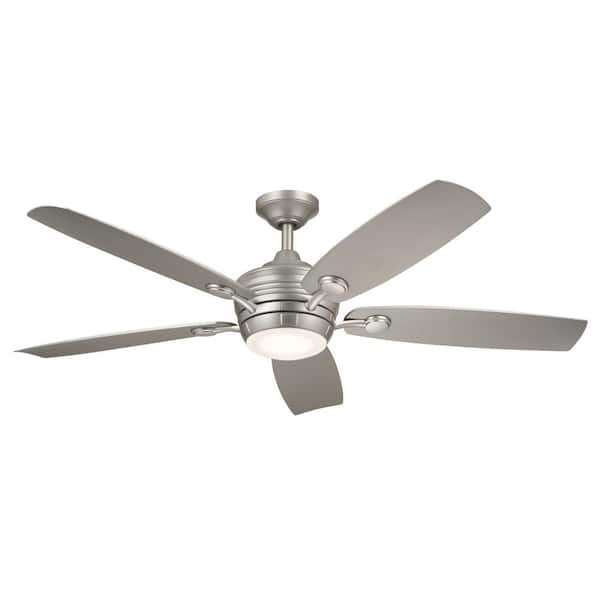 KICHLER Tranquil WeatherPlus 56 in. Outdoor Brushed Nickel Downrod Mount Ceiling Fan with Integrated LED with Remote Control