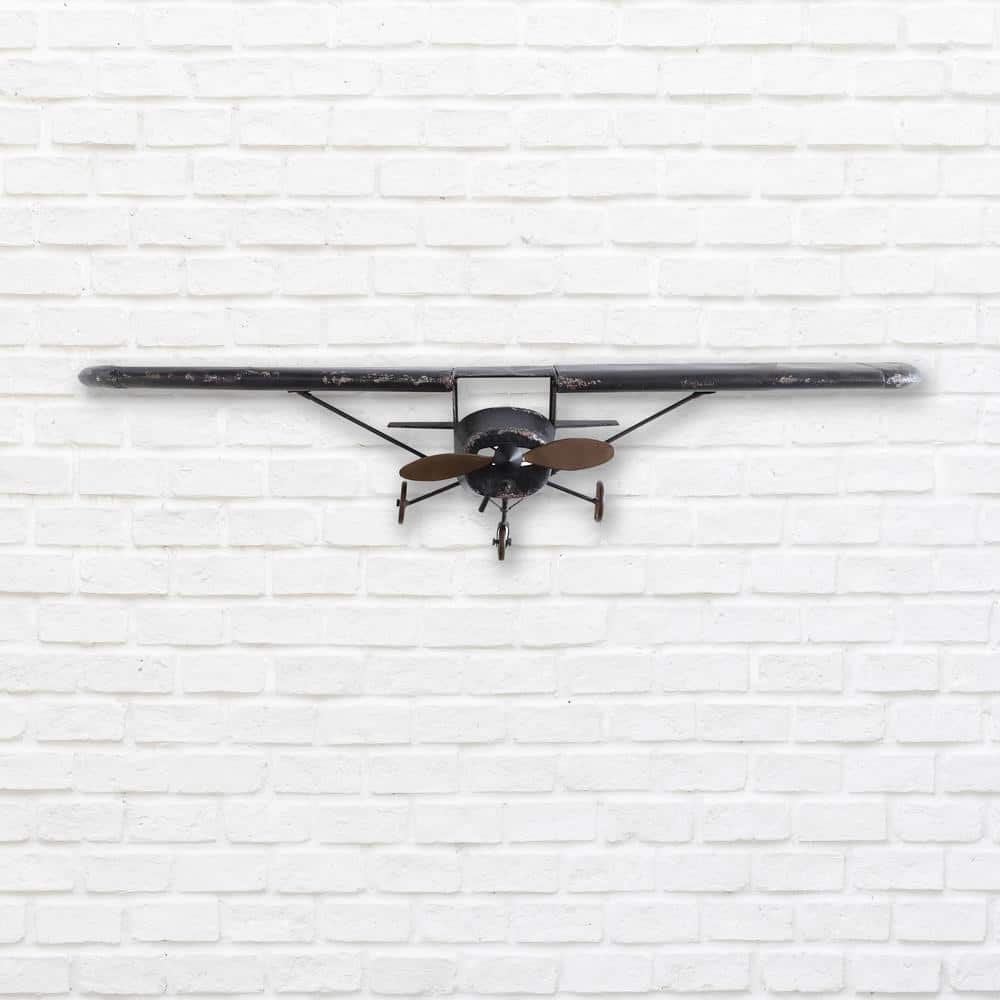 Distressed Black Metal Plane Wall Sculpture with Propellers