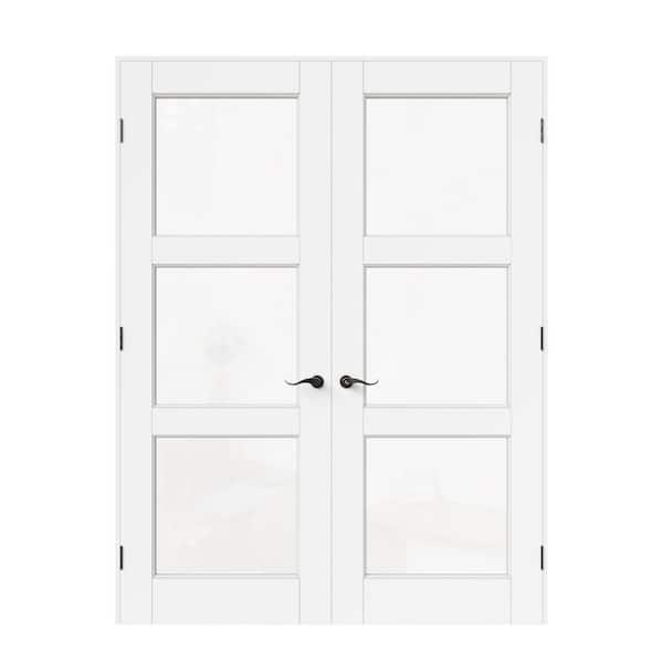 60 in. x 80 in. Universal 3-Lite Clear Glass White Solid Core Glass Double Prehung French Door + Quick Assemble Jamb