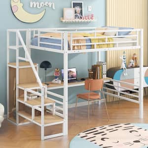 White Full Size Metal Loft Bed with Desk, Storage Staircase and Wardrobe