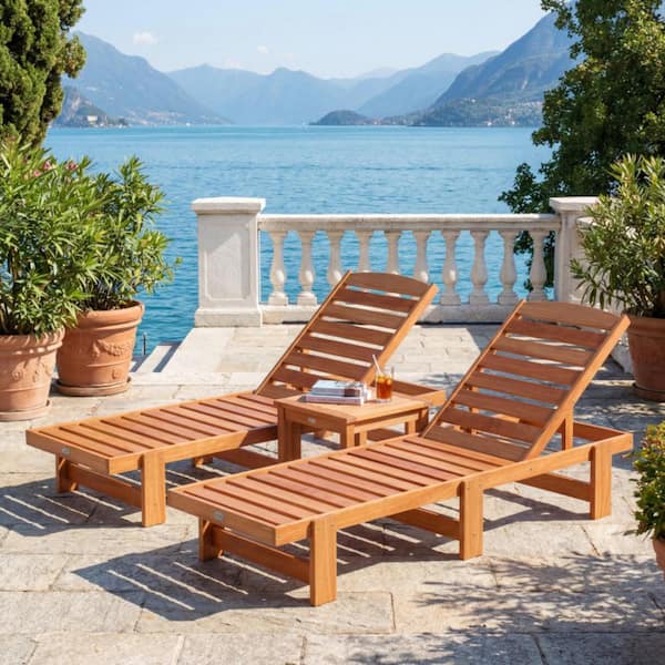 Set of 2 Solid Wood Outdoor Patio Chaise Lounge Chair with 5 Adjustable Backrest