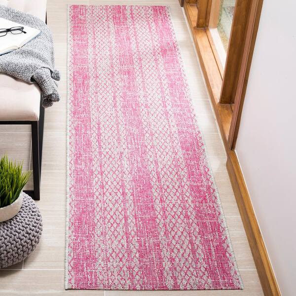 Courtyard Light Gray/Fuchsia 2 ft. x 7 ft. Distressed Striped Diamond Indoor/Outdoor Runner Rug