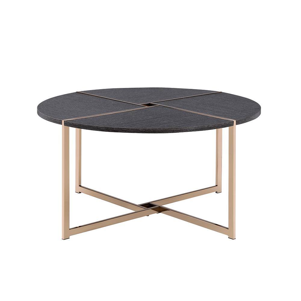 Bromia 26" Round Black Wood & Champagne Metal Coffee Table with Storage