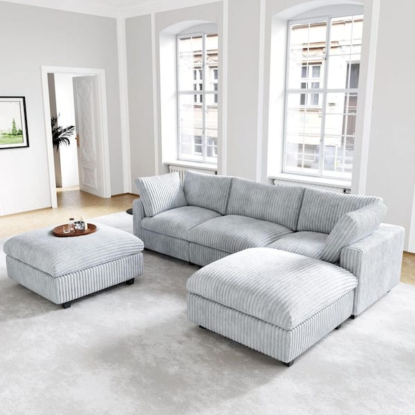 Down Filled Oversized 118 in. Square Arm Plush Velvet U-Shaped Modular Sofa Lawson Cloud Couch with Ottomans in. Gray