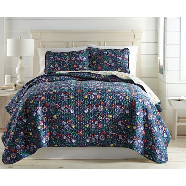 Blue Boho Quilt Set King Size,3 Pieces Plaid Floral Bedspread Coverlet Set  for All Season,Patchwork Reversible Bedding Set King 90x104