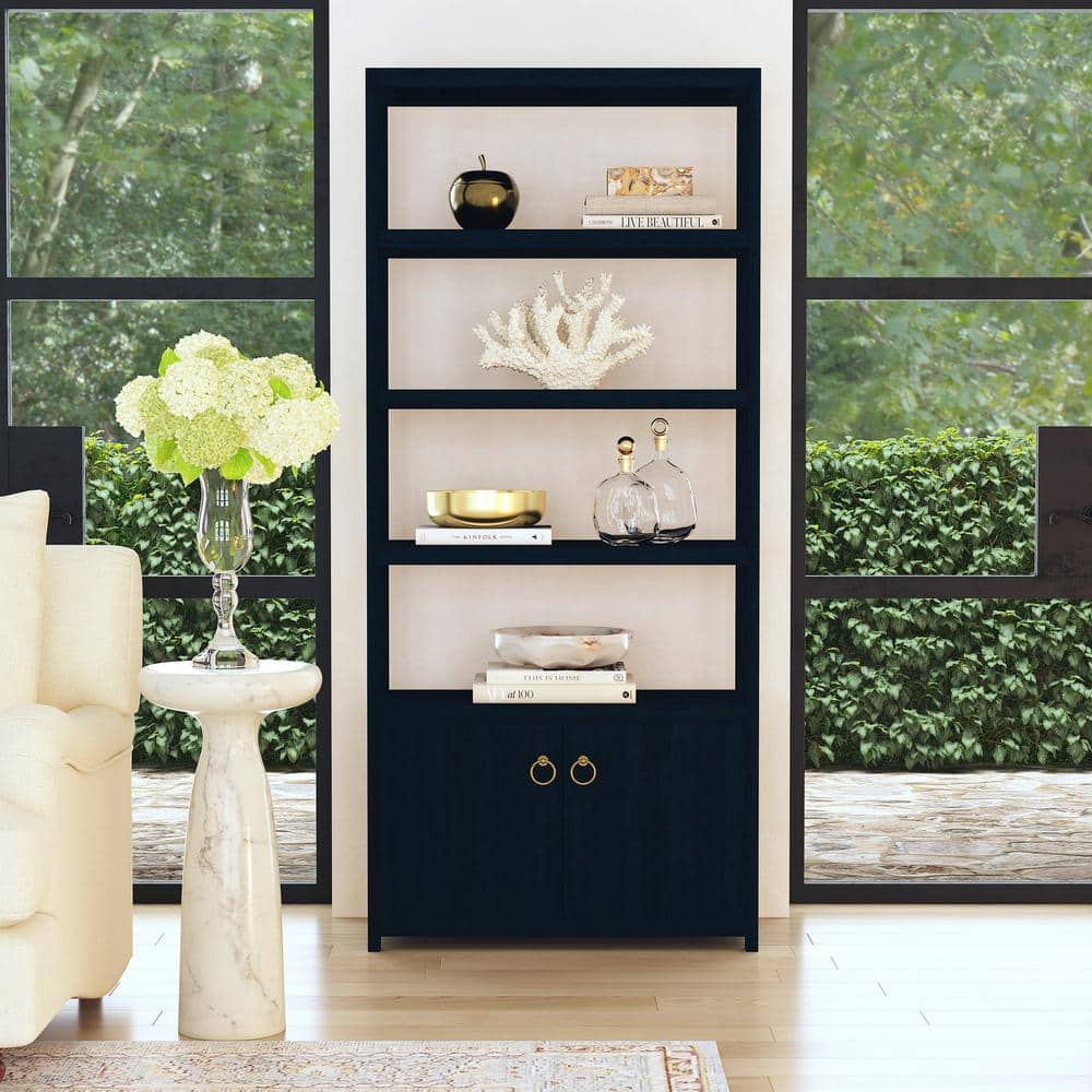 Navy Blue Wood Adjustable Etagere Bookcase with Doors