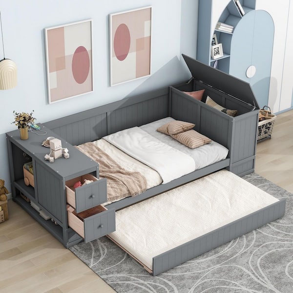 Gray Twin Daybed with Storage Arms, Trundle and Charging Station