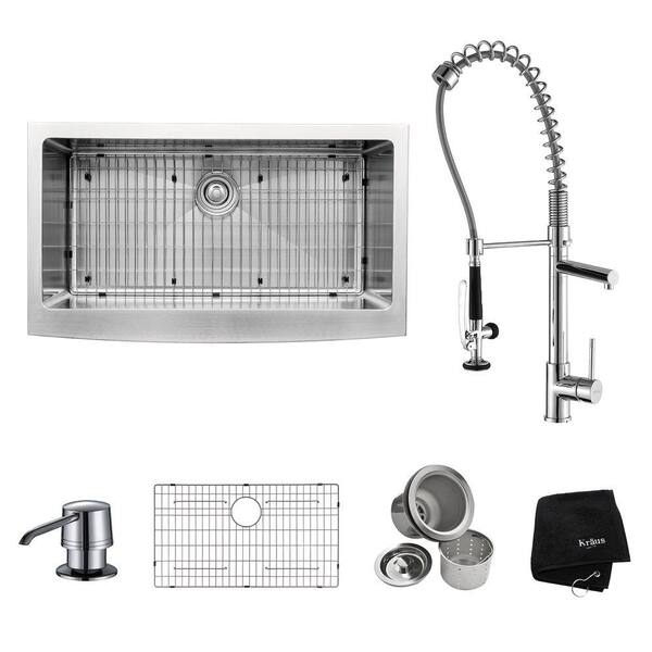 KRAUS All-in-One Farmhouse Apron Front Stainless Steel 36 in. Single Bowl Kitchen Sink with Faucet and Accessories in Chrome