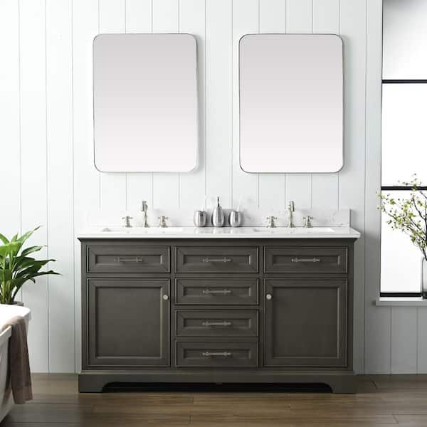 SUDIO Thompson 60 in. W x 22 in. D Bath Vanity in Silver Gray with Engineered Stone Vanity in Carrara White with White Sinks