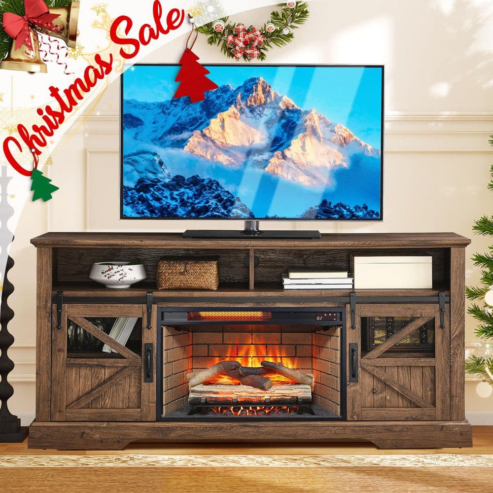 ToolCat 60 in. Freestanding Electric Fireplace TV Stand in Brown