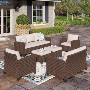 Brown Rattan Wicker 9-Seat 6-Piece Steel Outdoor Patio Conversation Set with Beige Cushions and 2 Ottomans