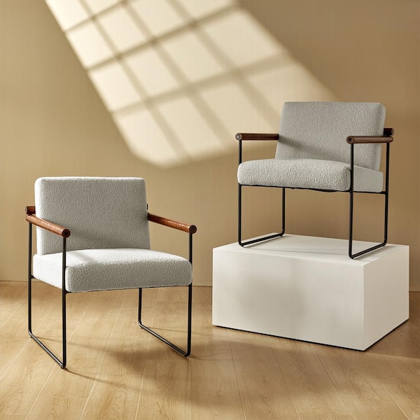 JAYDEN CREATION Juan Dove Modern Sherpa Arm Chair with Metal Base and Solid Wood Arm and Back Set of 2