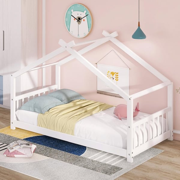 Harper & Bright Designs White Low Twin Size Wood House Bed