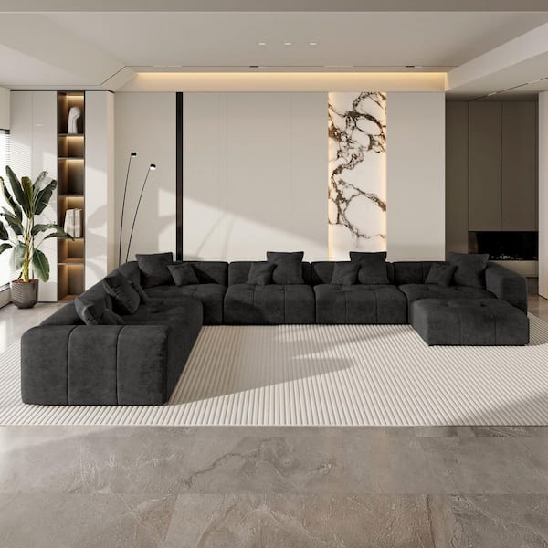 7-Piece Linen Modular Living Room Suite with Oversized Sectional Seating, 184 in. W, Black