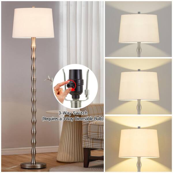 KAWOTI 61 in. Brushed Nickel Floor Lamp with White Fabric Shade