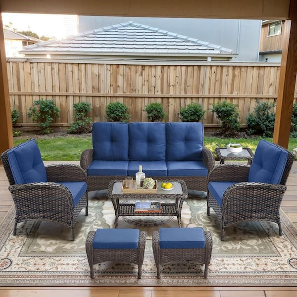 Brown 7-Piece Wicker Patio Conversation Set with Armchairs, Outdoor Sofa Seating Set with Olefin Navy Blue Cushions