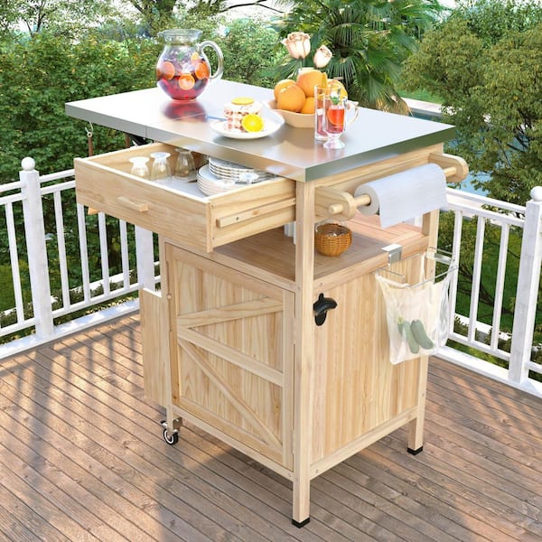 Natural Wood 40.5 in. Kitchen Island Cart Outdoor Grill Cart Outdoor Storage Cabinet with Stainless Steel Top