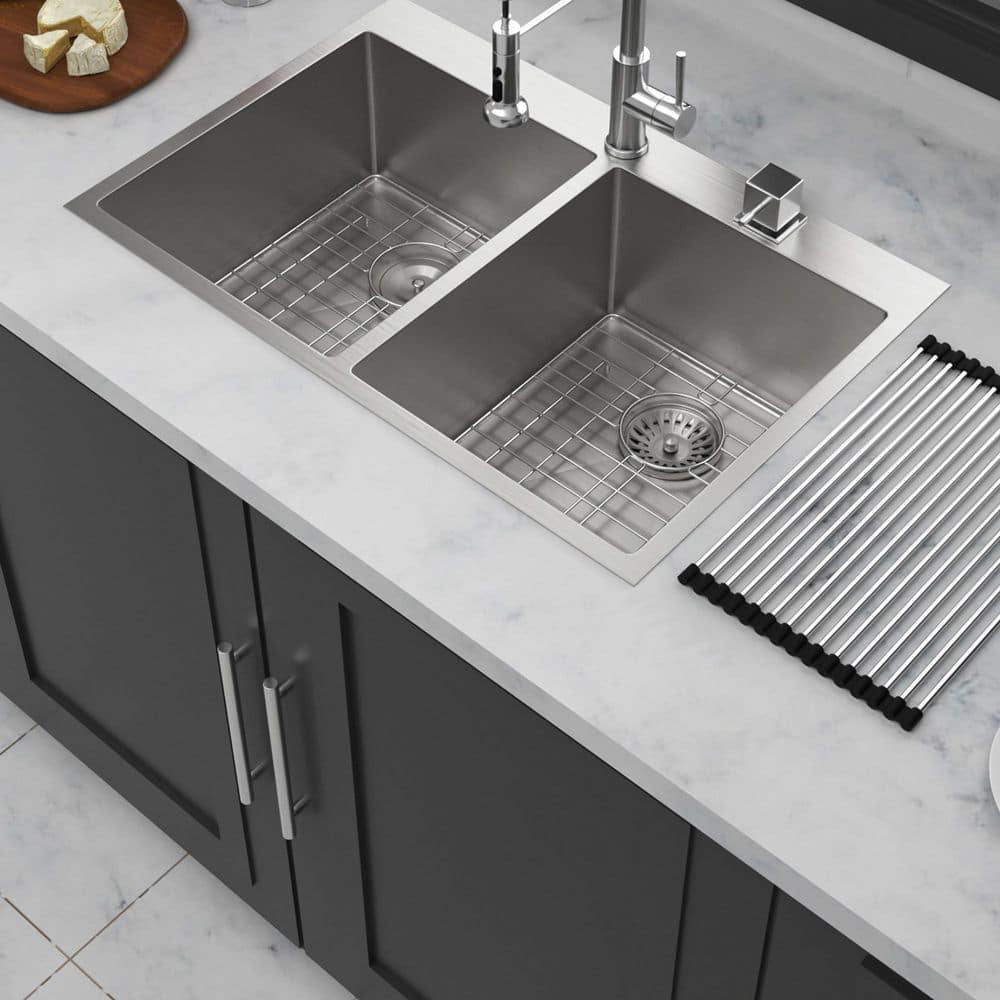 33 in. Drop-In Double Bowl (50/50) 16 Gauge Brushed Nickel Stainless Steel Kitchen Sink with Bottom Grids price history on PriceWatchPro