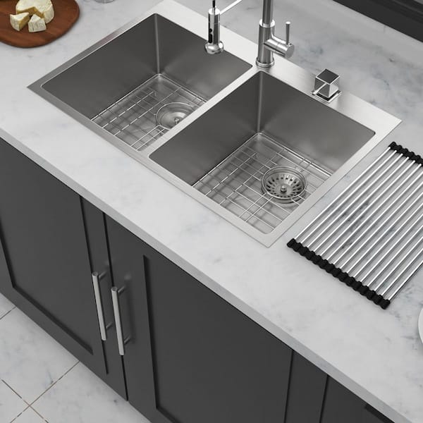 33 in. Drop-In Double Bowl (50/50) 16 Gauge Brushed Nickel Stainless Steel Kitchen Sink with Bottom Grids