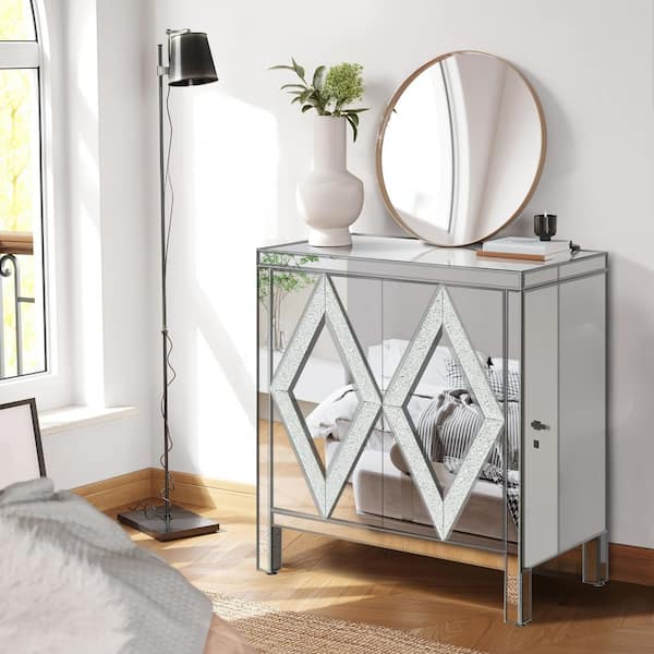 Diamond Silver 32.5 in.Accent Cabinet Office Storage Cabinet with 2 Shelves and Mirror Trim,Diamond Design&Glass Effect