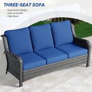 Mercury Gray 6-Piece Wicker Patio Rectangle Fire Pit Conversation Seating Set with Navy Blue Cushions